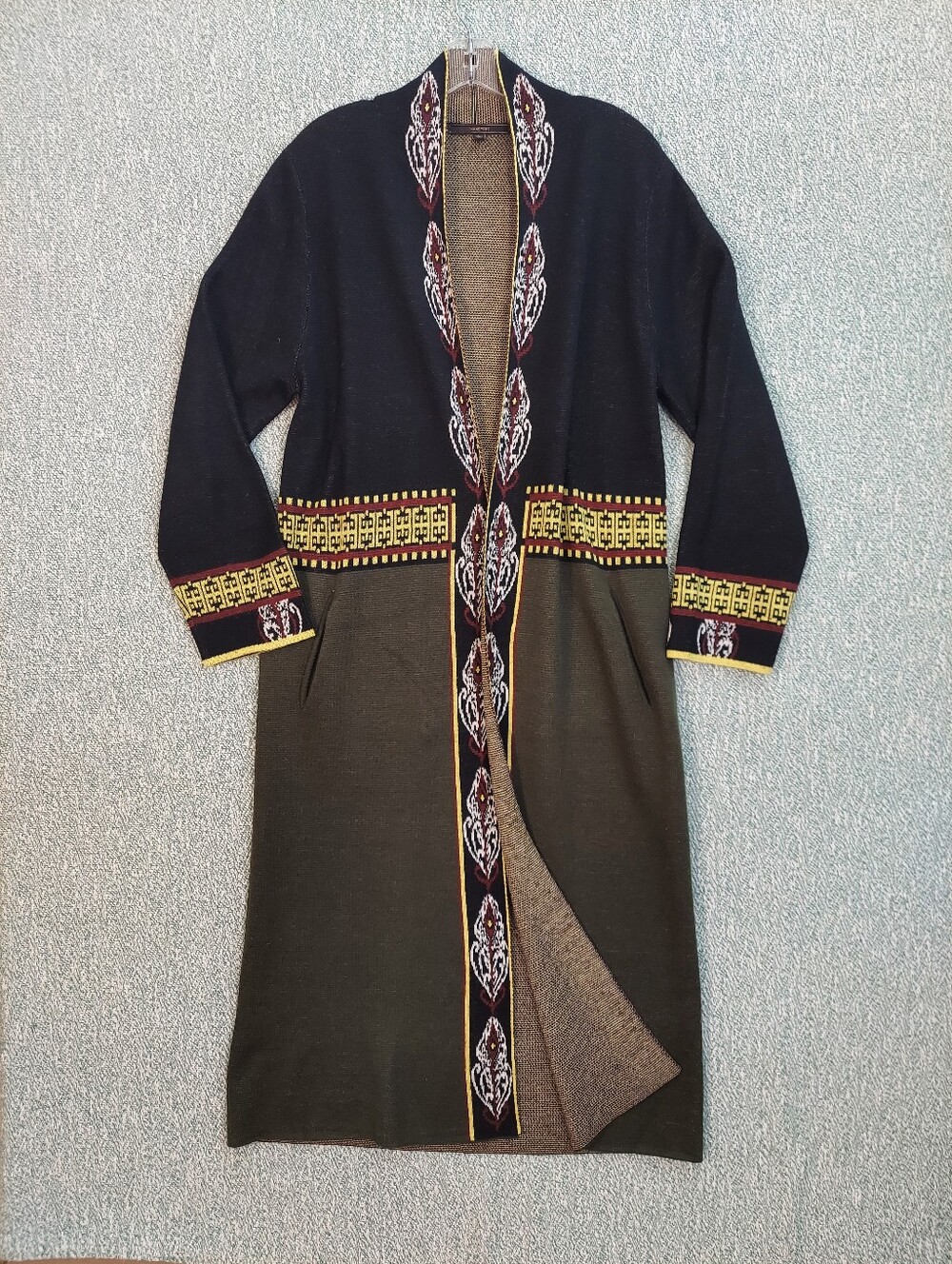 Two-Tone Long Open-Front Cardigan in Black and Olive with Embroidered Trim